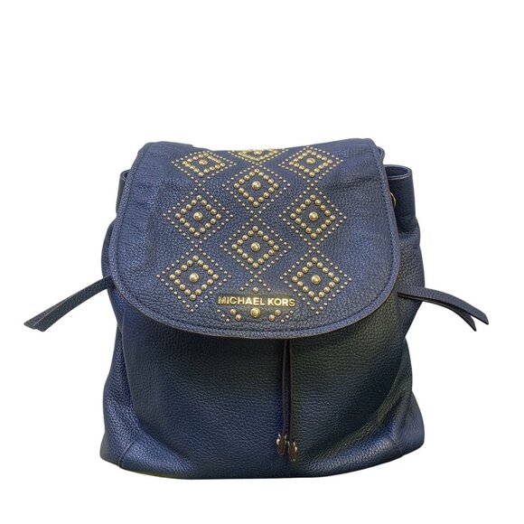 Michael Kors Navy Blue Pebbled Leather Studded Backpack Purse - Picture 1 of 9